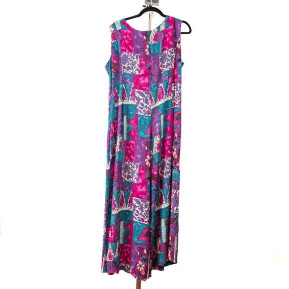 Vintage 90s Jumpsuit Sleeveless Purple Pink Green Floral Boho Women's 16 - Picture 2 of 3